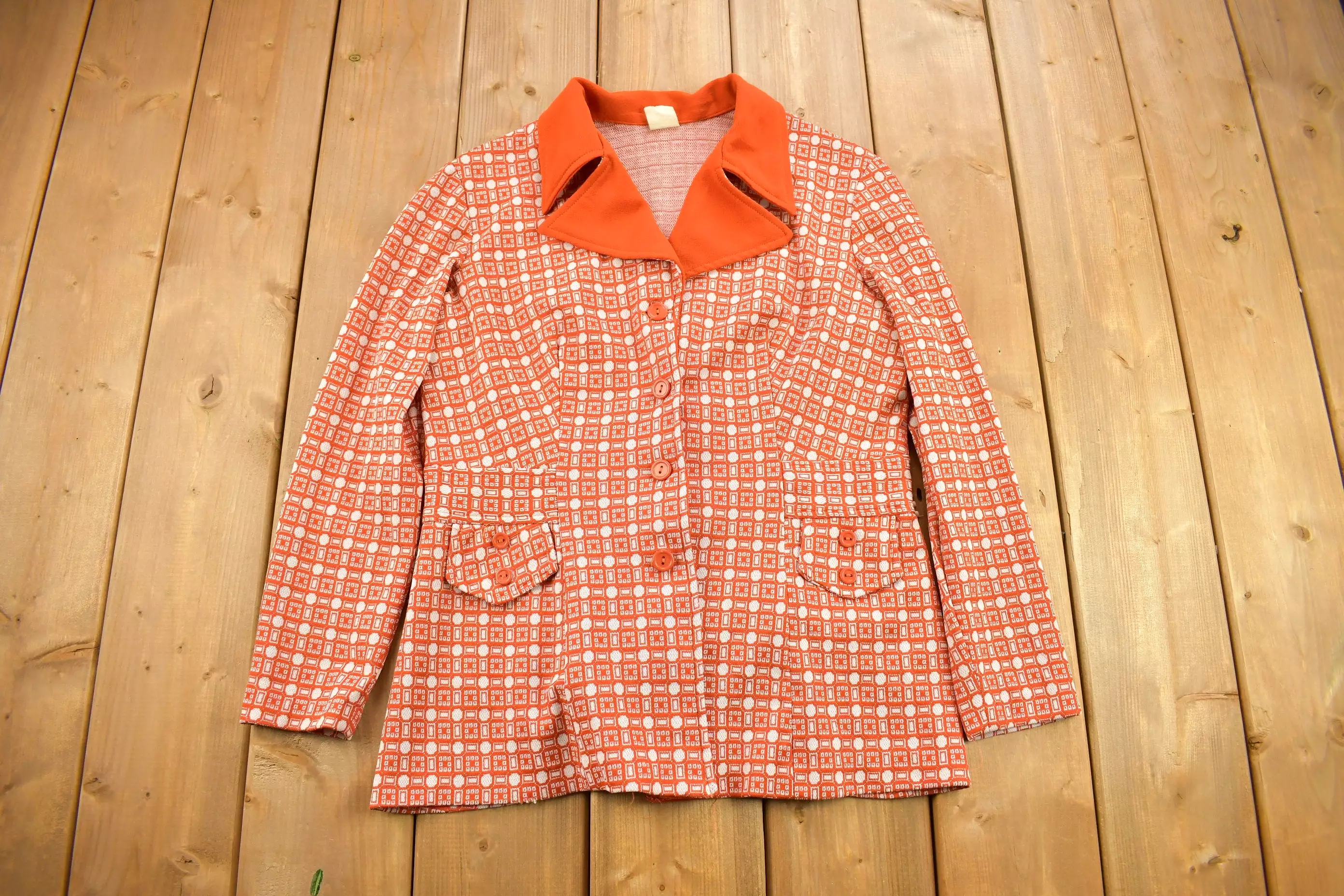 1960s Retro Womenswear: Orange Geo Metric Pattern Overcoat/Blouse with Dagger Collar