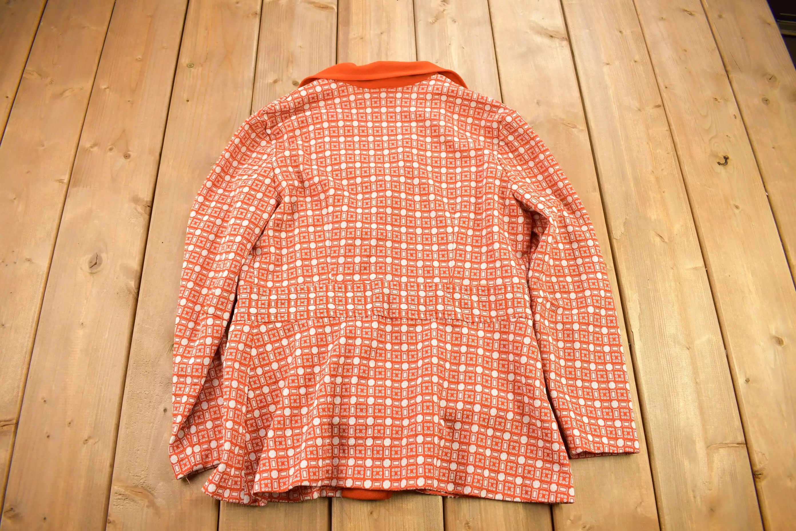 1960s Retro Womenswear: Orange Geo Metric Pattern Overcoat/Blouse with Dagger Collar