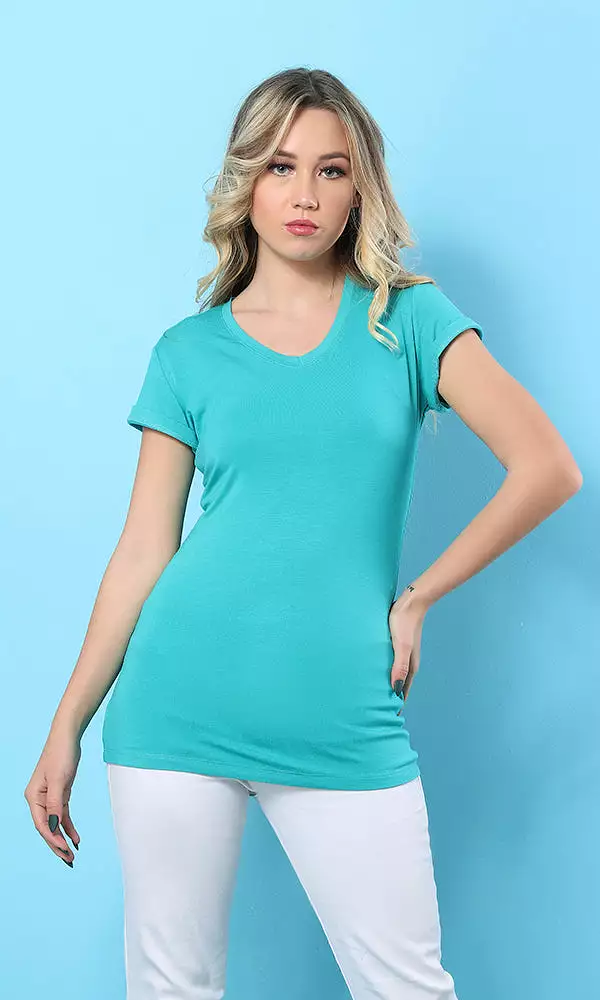 28529 Dark Aquamarine V-Neck Slip On Basic T-Shirt - Google SEO Result: Dark Aquamarine V-Neck T-Shirt