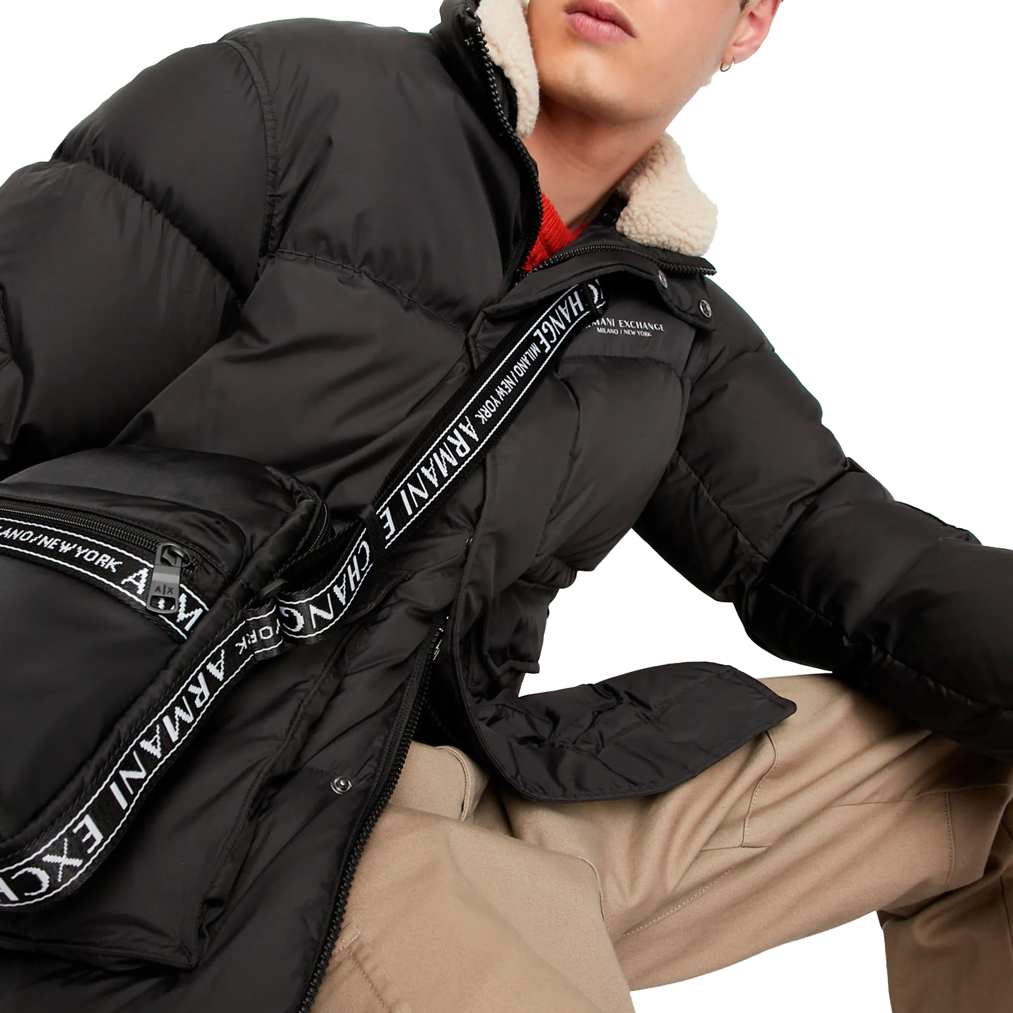 Armani Exchange Down-Filled Parka with Fur Collar - Black