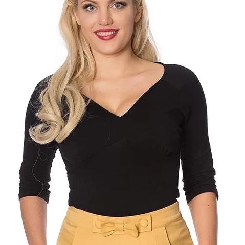 Black 3/4 Sleeve V Neck Jersey Top - Women's Clothing