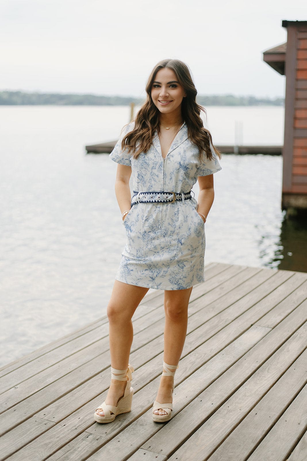 Blue Floral Denim Dress with Belt