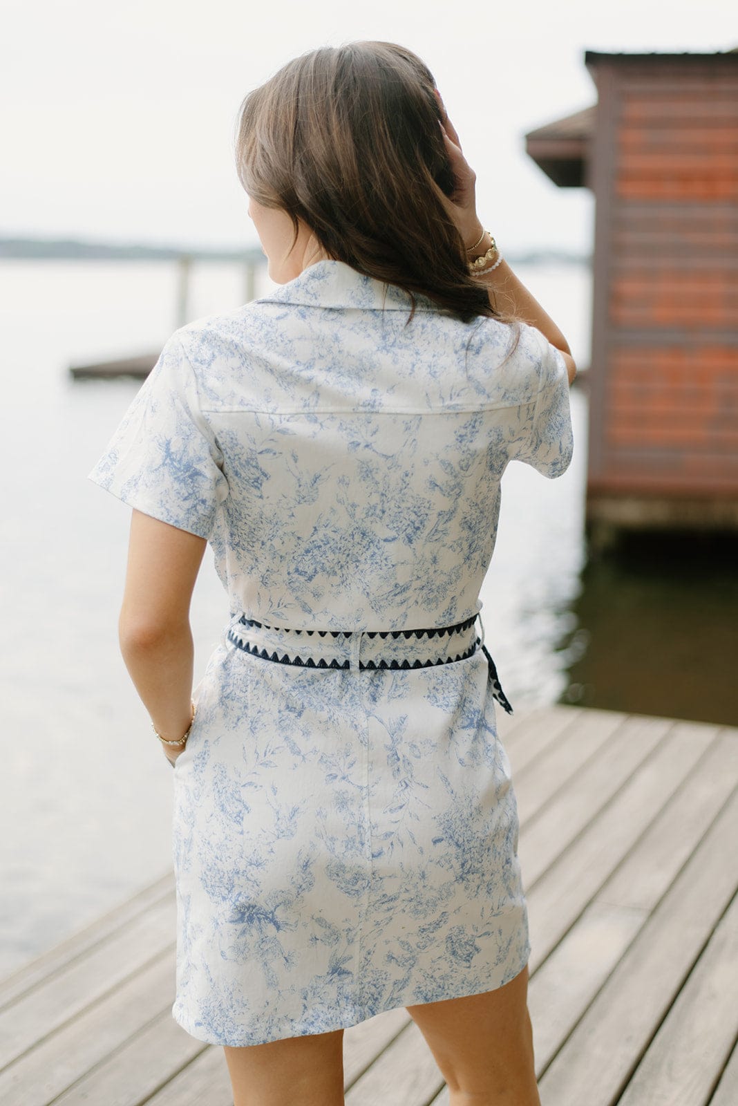 Blue Floral Denim Dress with Belt