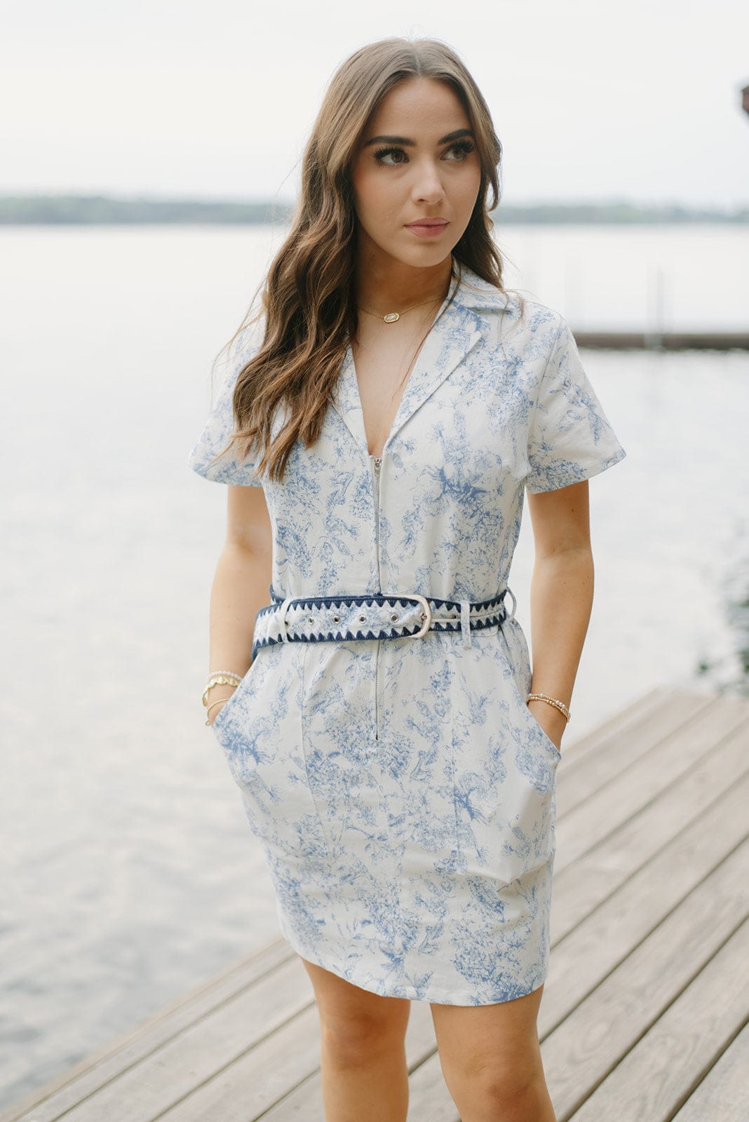 Blue Floral Denim Dress with Belt