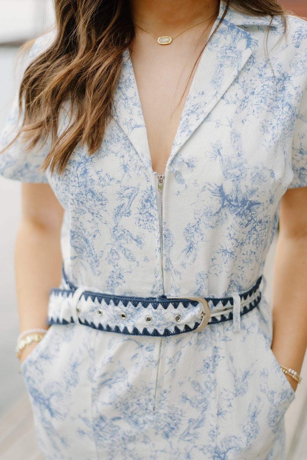 Blue Floral Denim Dress with Belt