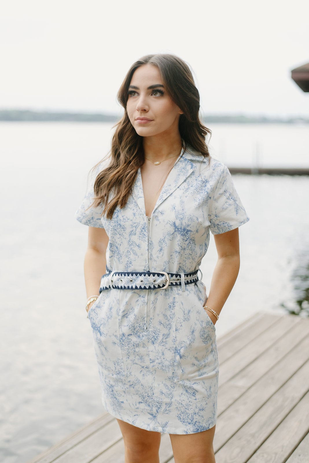 Blue Floral Denim Dress with Belt