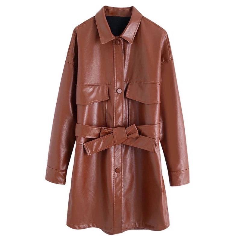 Brown PU Leather Pocket Shirt Dress with Belt