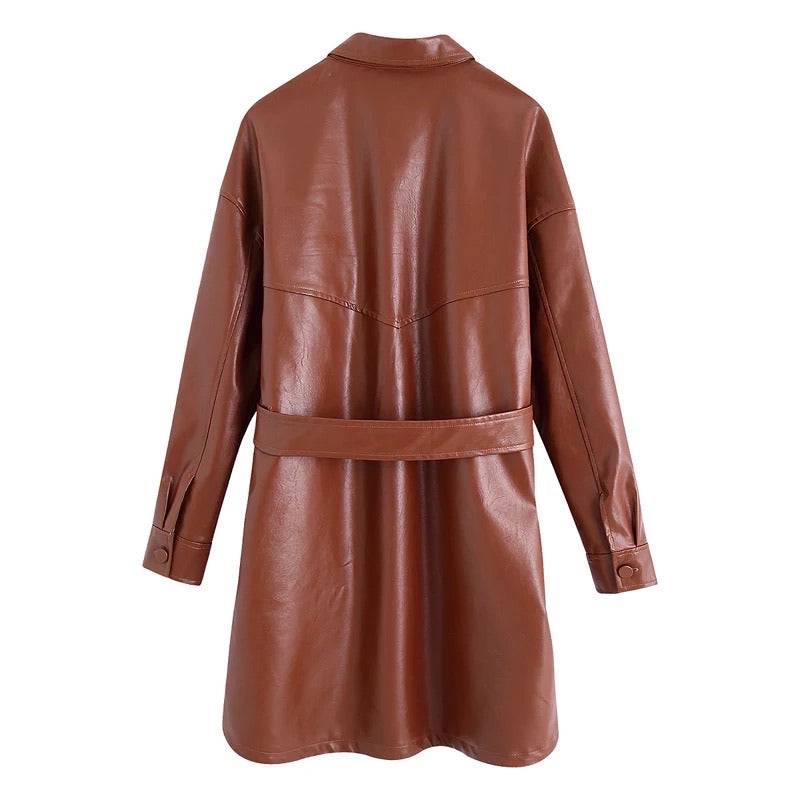 Brown PU Leather Pocket Shirt Dress with Belt