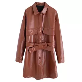 Brown PU Leather Pocket Shirt Dress with Belt