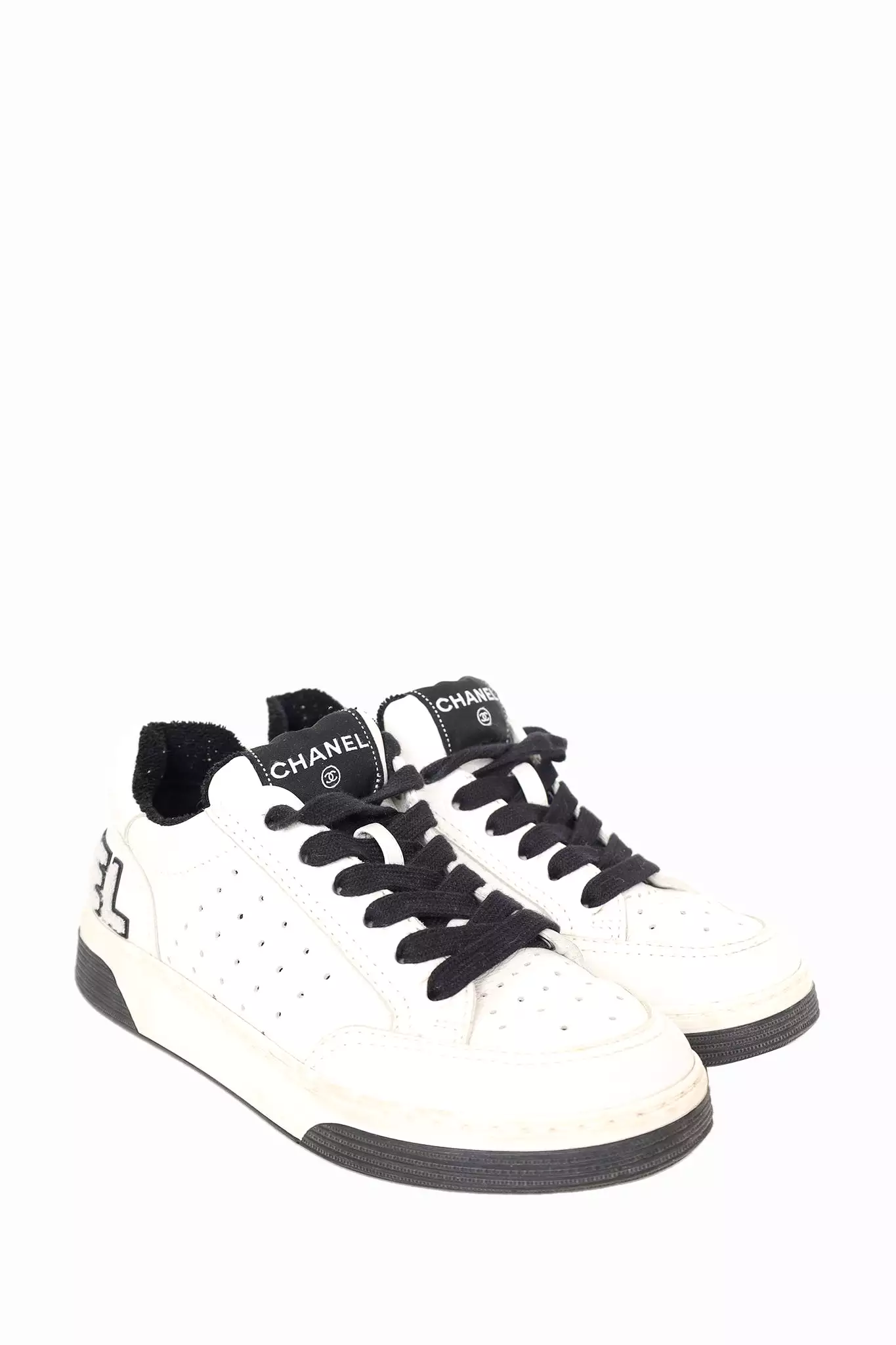 Chanel 2021 Black and White CC Logo Low-top Sneakers, Size 35.5.