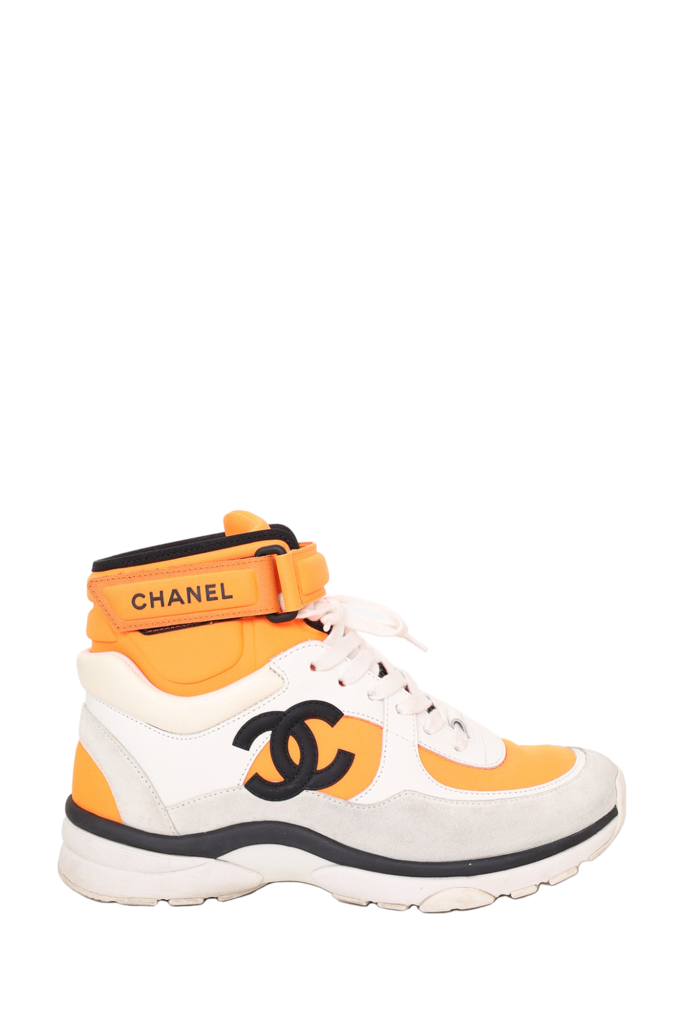 Chanel White Orange Fabric Leather CC High Top Sneakers Size 37