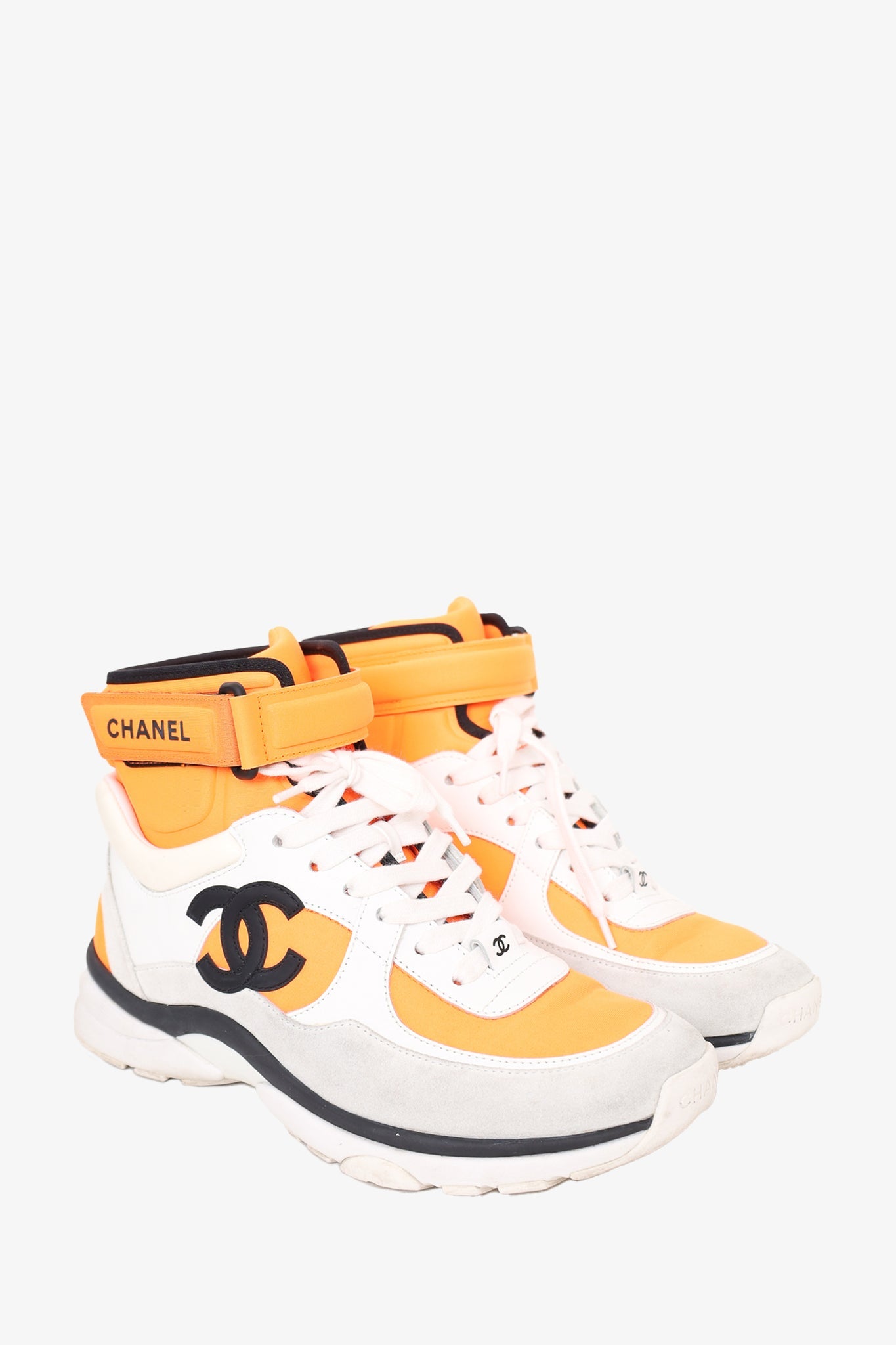 Chanel White Orange Fabric Leather CC High Top Sneakers Size 37