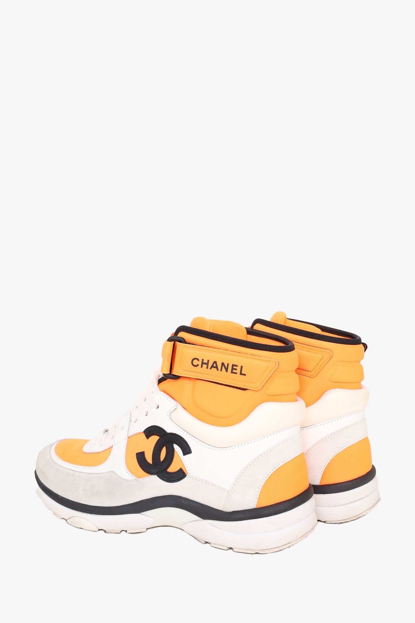 Chanel White Orange Fabric Leather CC High Top Sneakers Size 37