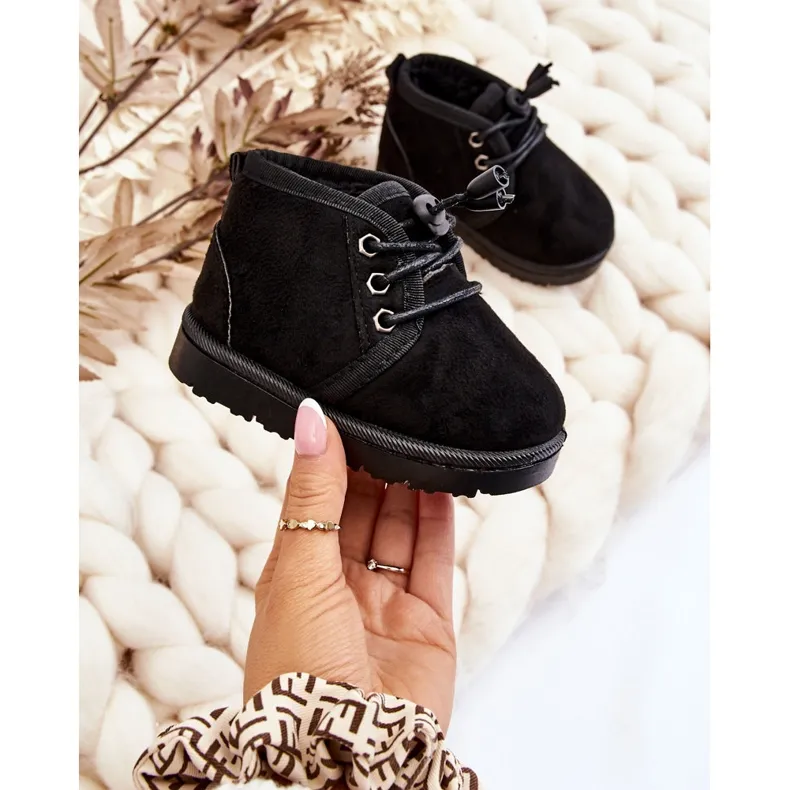 Black Fur-Lined Children's Snow Boots with Lace-Up Design