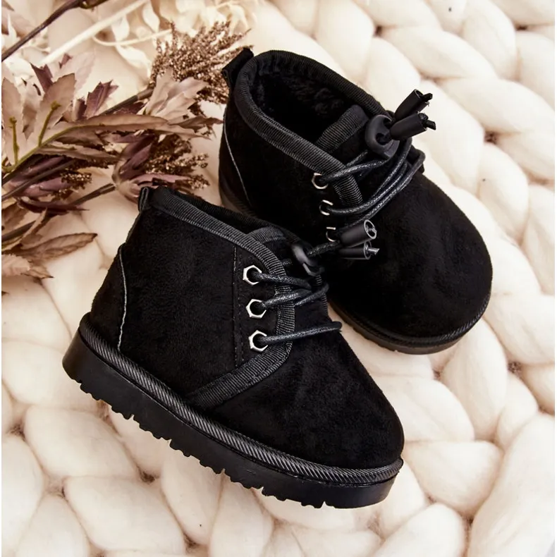 Black Fur-Lined Children's Snow Boots with Lace-Up Design