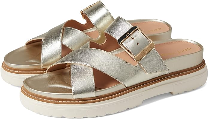 Cole Haan Fraya Slide Sandals - Soft Gold Leather, Slip On, Open Toe, Chunky Heel