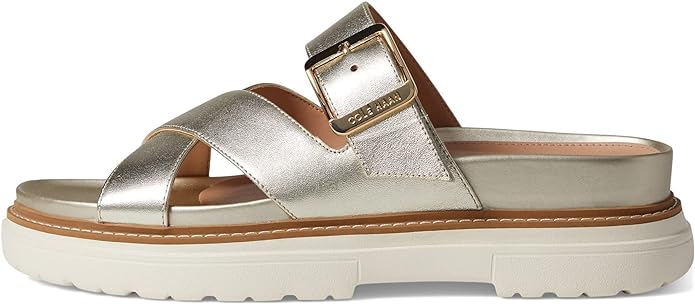 Cole Haan Fraya Slide Sandals - Soft Gold Leather, Slip On, Open Toe, Chunky Heel