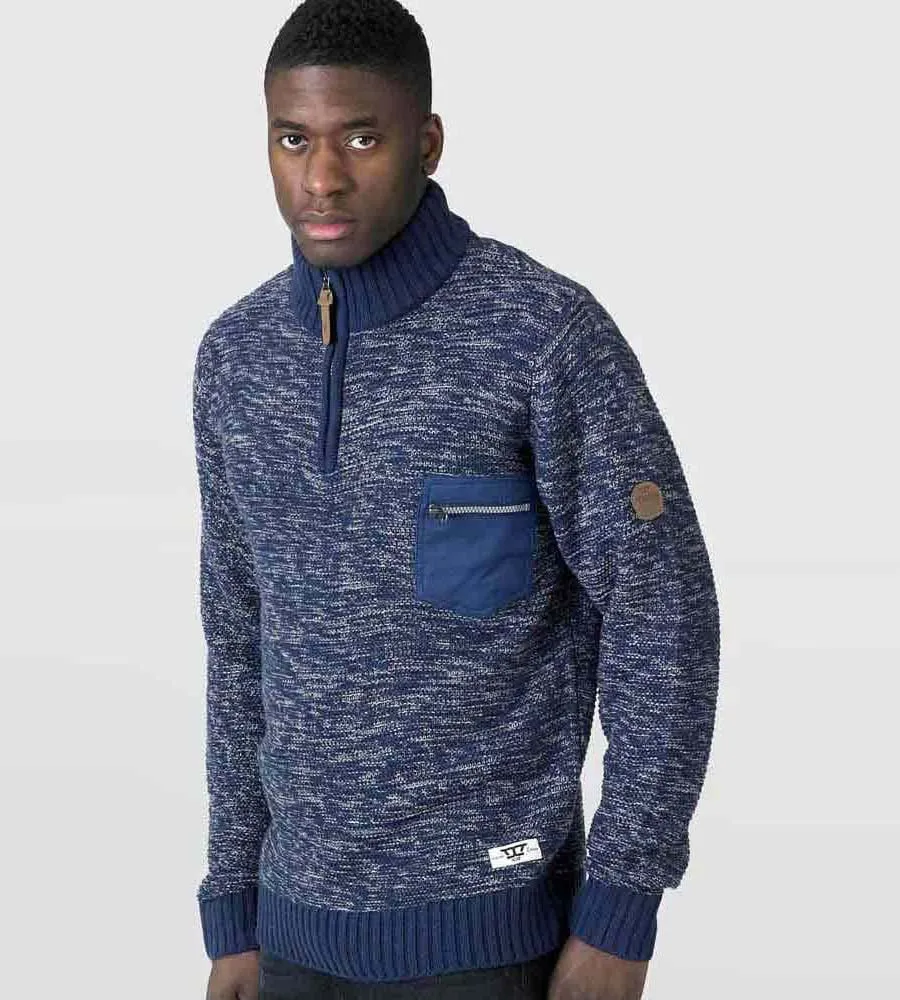 D555 Mens Zipper Neck Sweater With Woven Zipper Chest Pocket Remington Navy