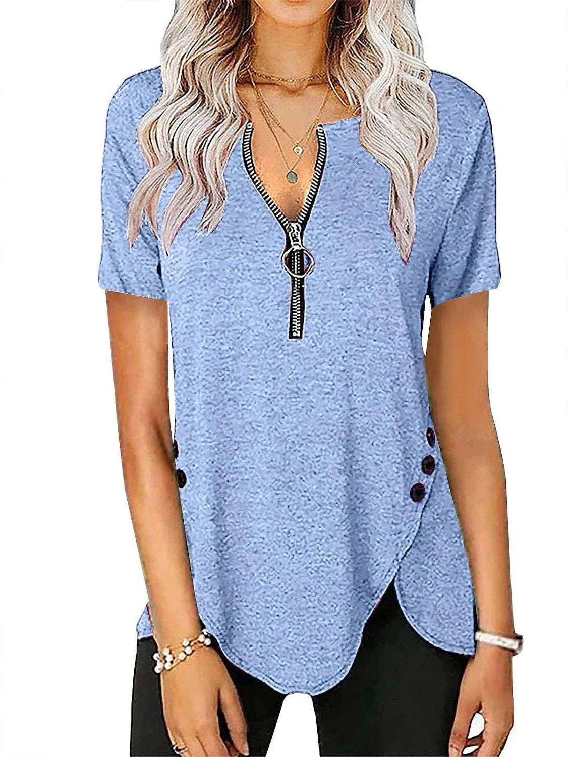 Elegant V-Neck Short-Sleeve Tunic Blouse with Zipper