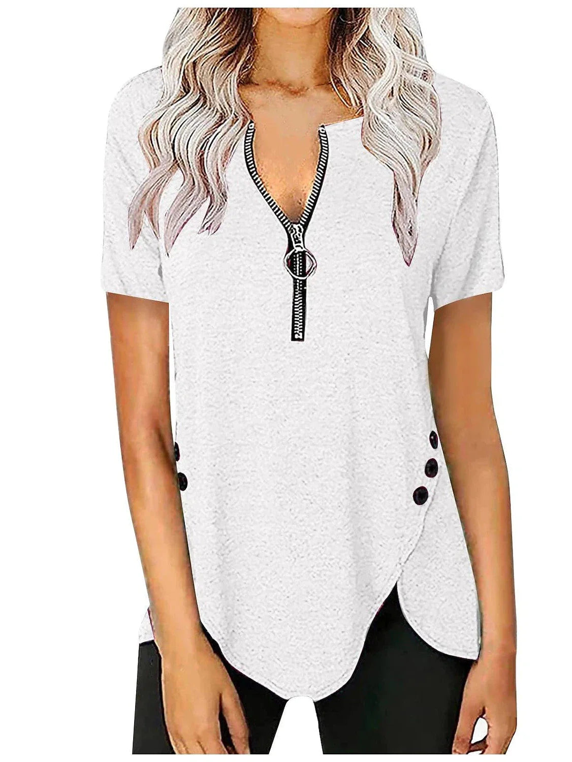 Elegant V-Neck Short-Sleeve Tunic Blouse with Zipper