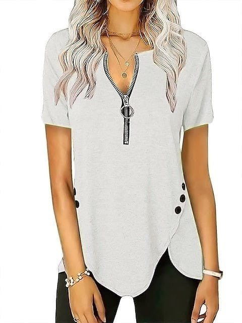 Elegant V-Neck Short-Sleeve Tunic Blouse with Zipper