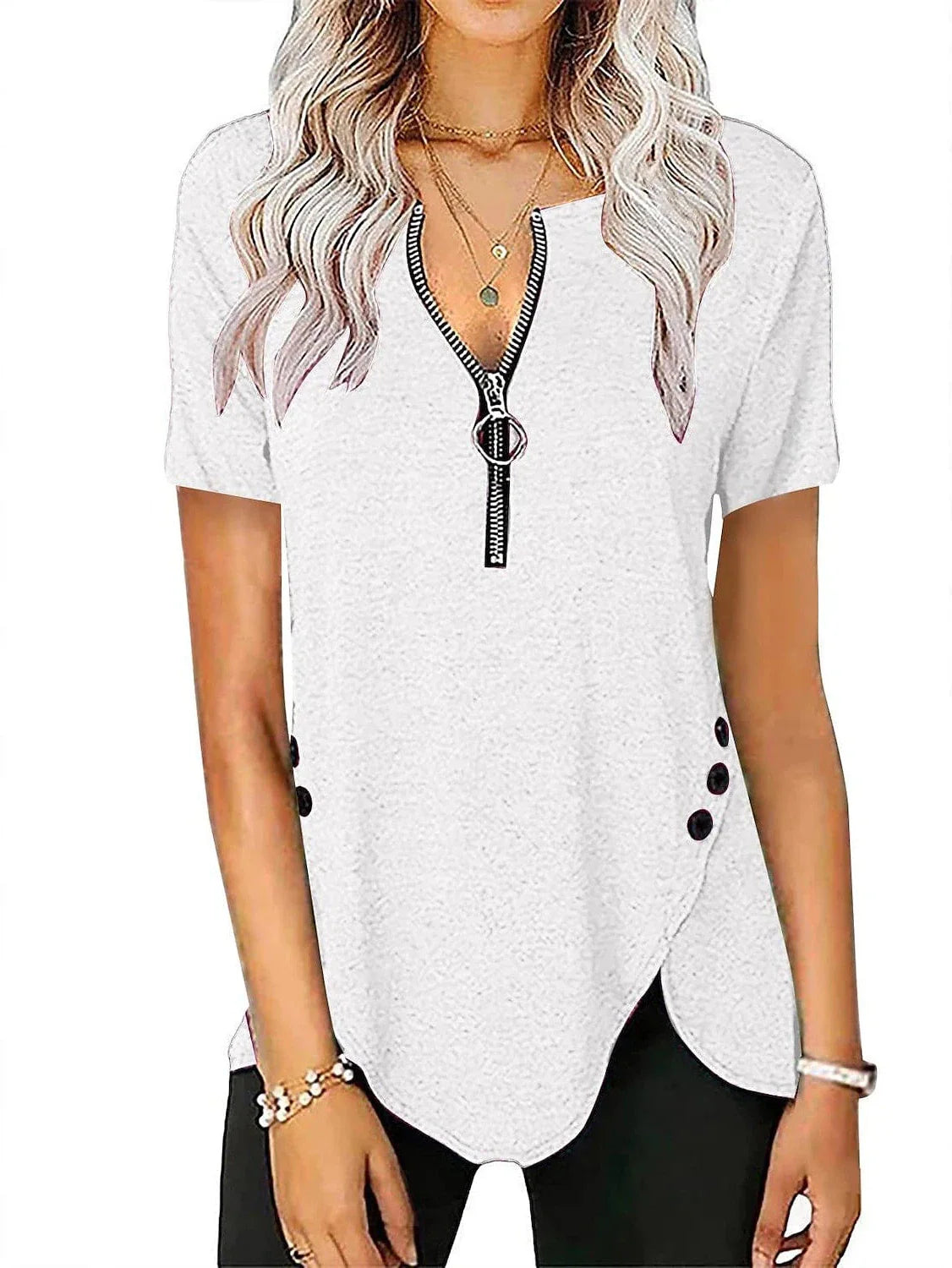 Elegant V-Neck Short-Sleeve Tunic Blouse with Zipper