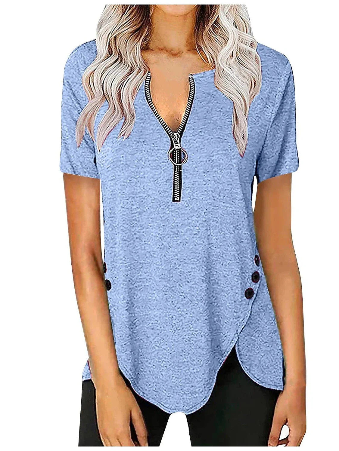 Elegant V-Neck Short-Sleeve Tunic Blouse with Zipper