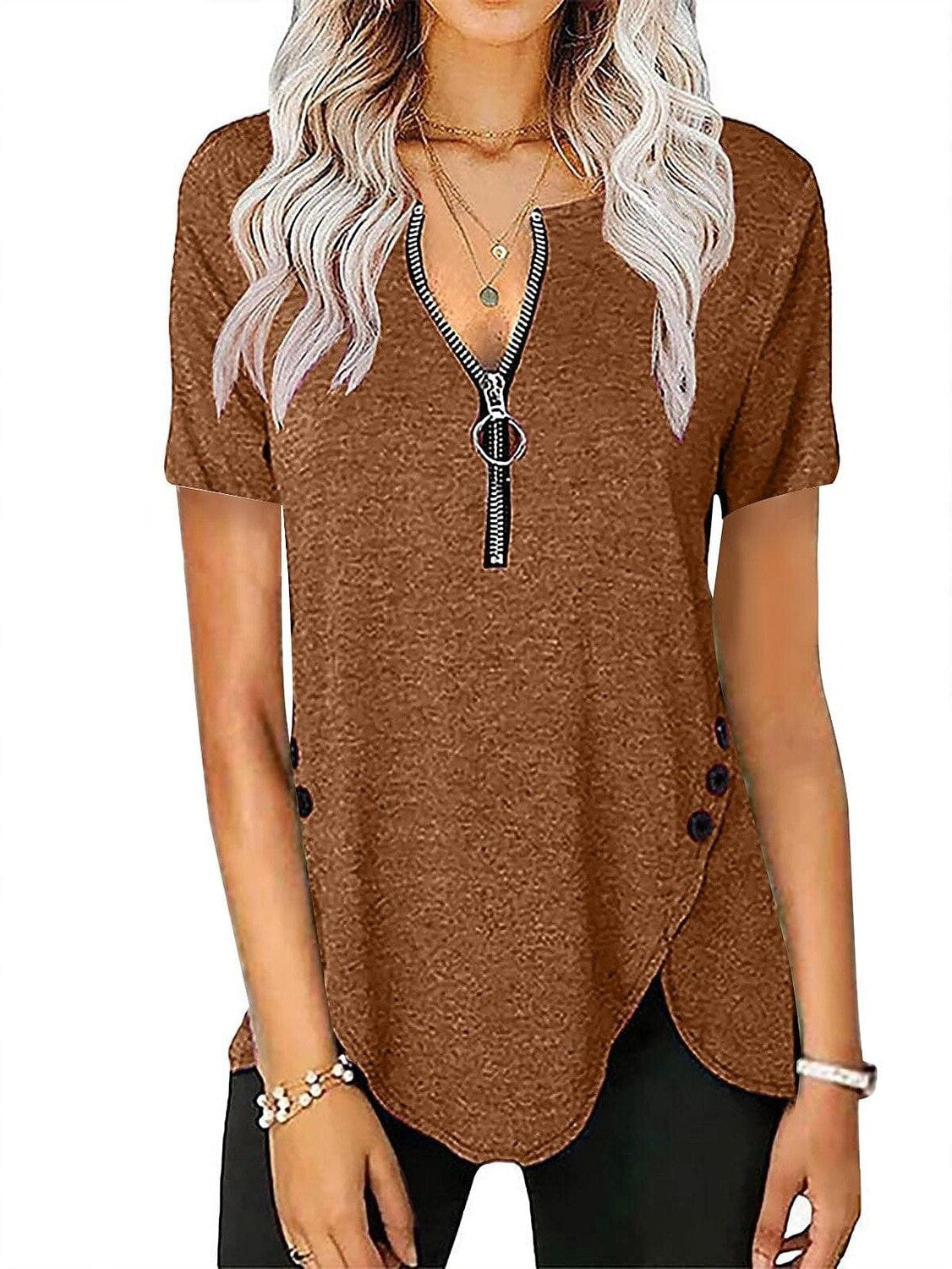 Elegant V-Neck Short-Sleeve Tunic Blouse with Zipper