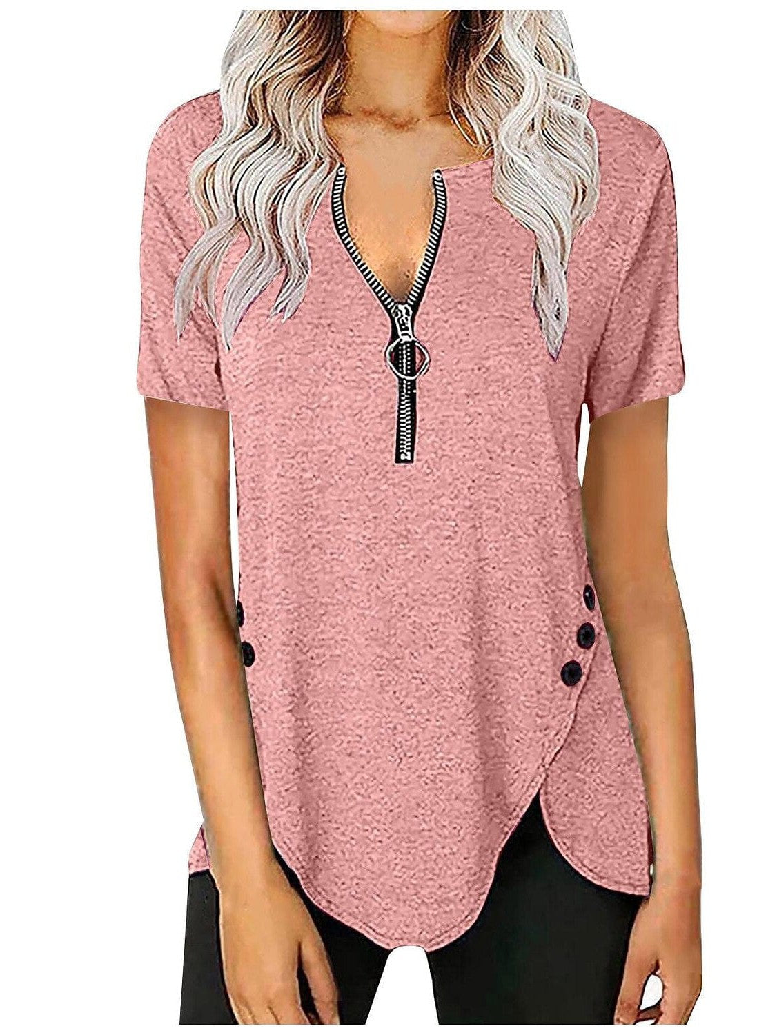 Elegant V-Neck Short-Sleeve Tunic Blouse with Zipper