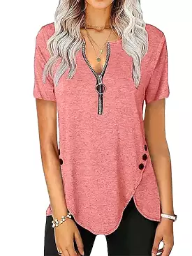 Elegant V-Neck Short-Sleeve Tunic Blouse with Zipper