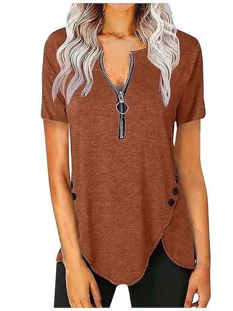 Elegant V-Neck Short-Sleeve Tunic Blouse with Zipper