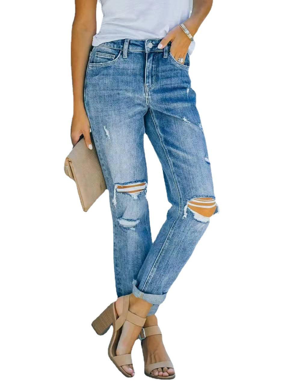 European American Distressed Denim Blue Jeans Pants