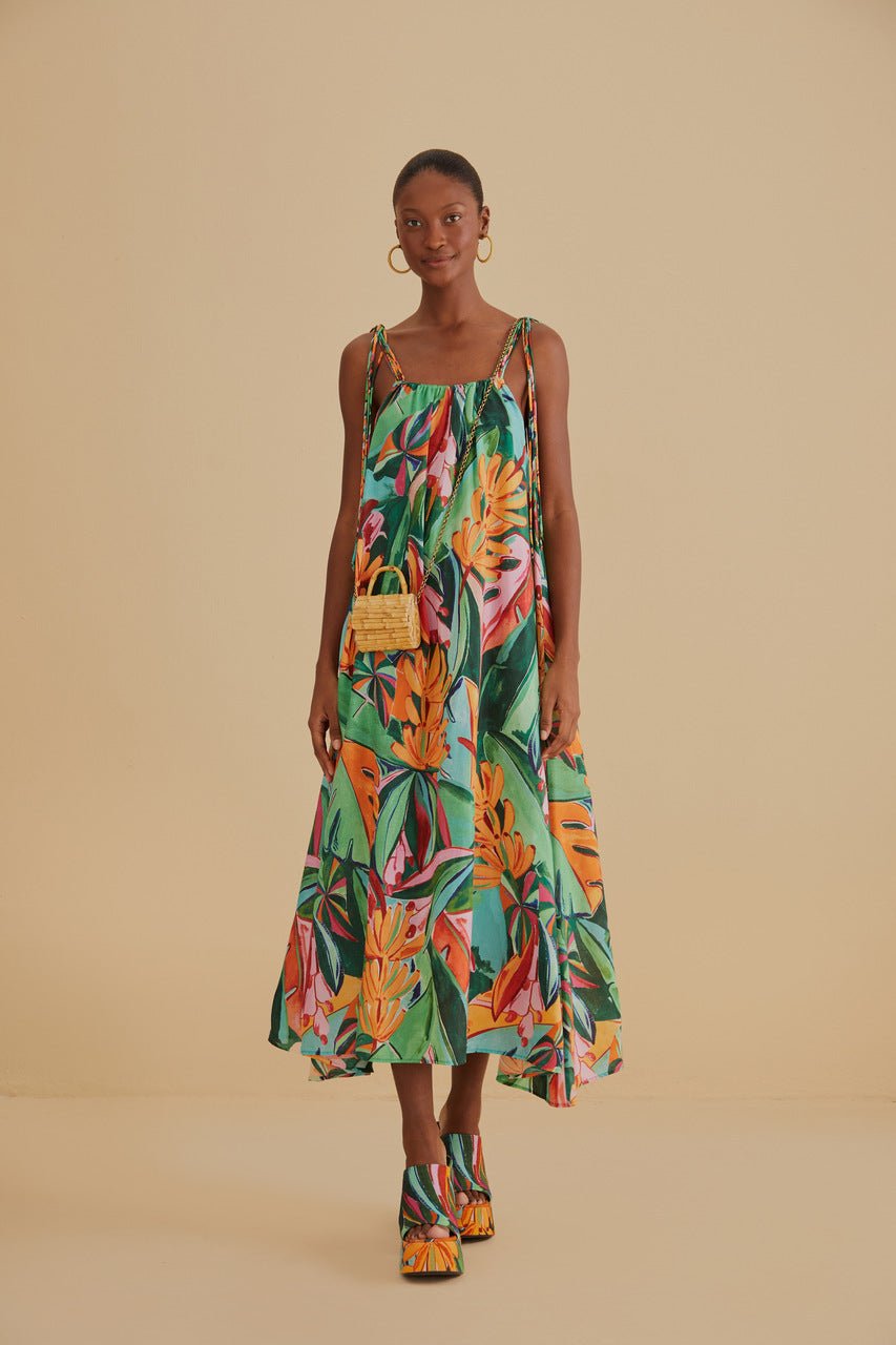 Farm Rio Banana Foliage Multicolor Sleeveless Midi Dress