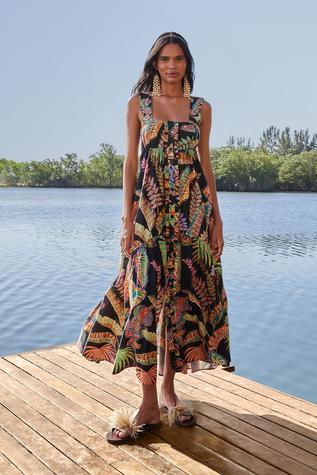 Farm Rio Cool Foliage Black Sleeveless Maxi Dress