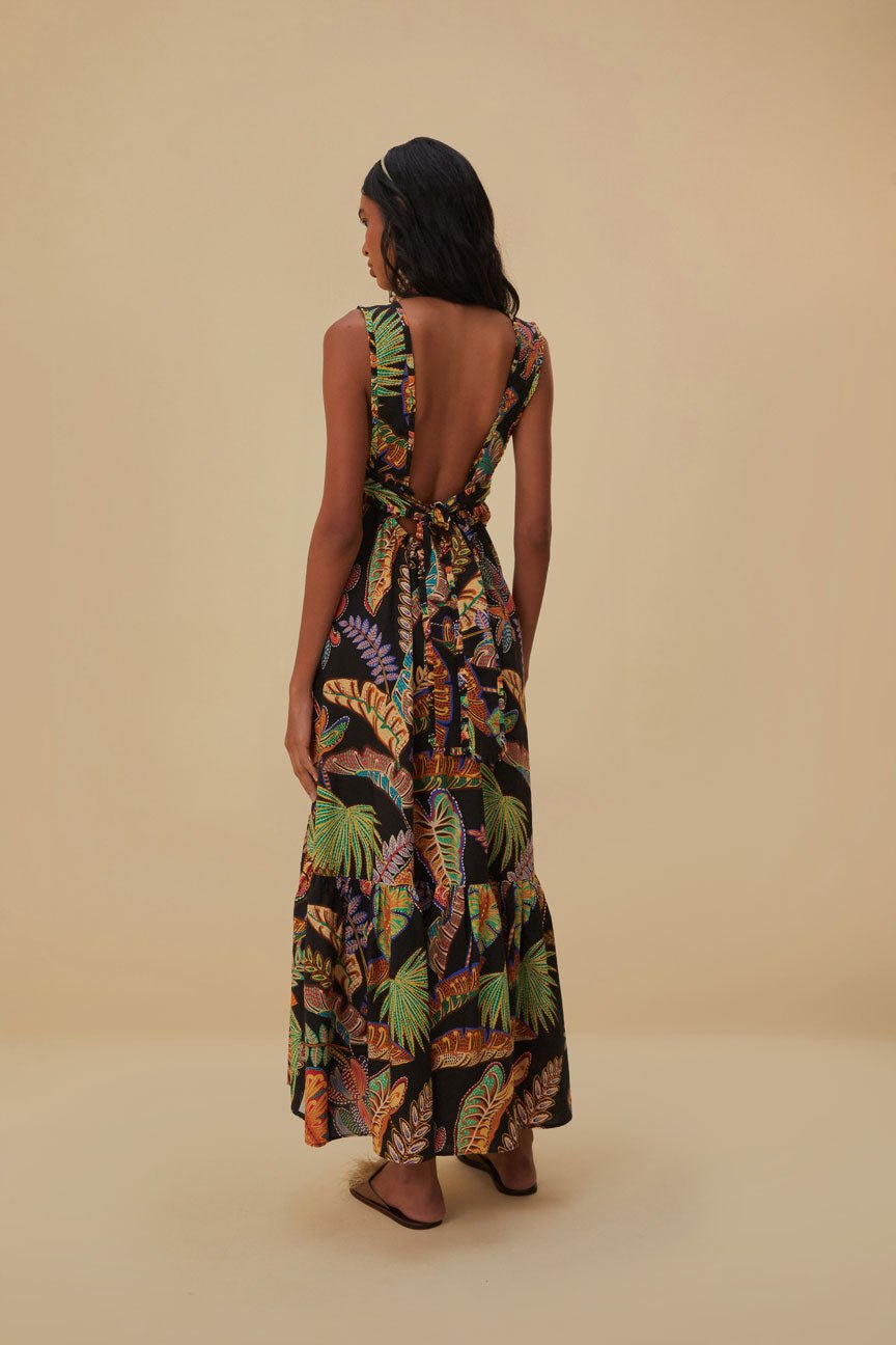 Farm Rio Cool Foliage Black Sleeveless Maxi Dress