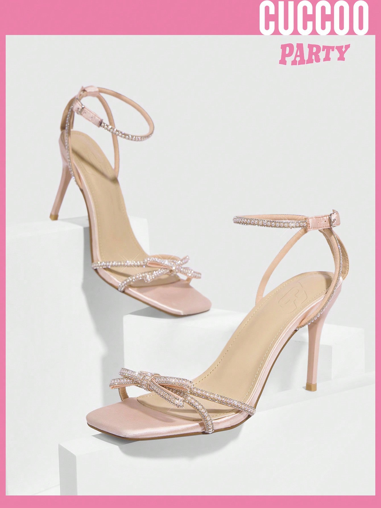 Fashionable high heel sandals with pearl detailing, rhinestone embellishments, and bowknot, ideal for spring and summer.