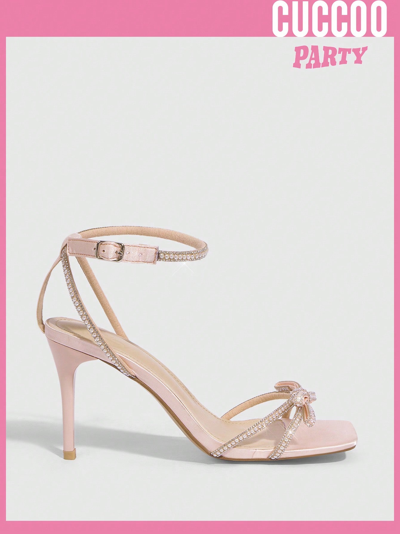 Fashionable high heel sandals with pearl detailing, rhinestone embellishments, and bowknot, ideal for spring and summer.