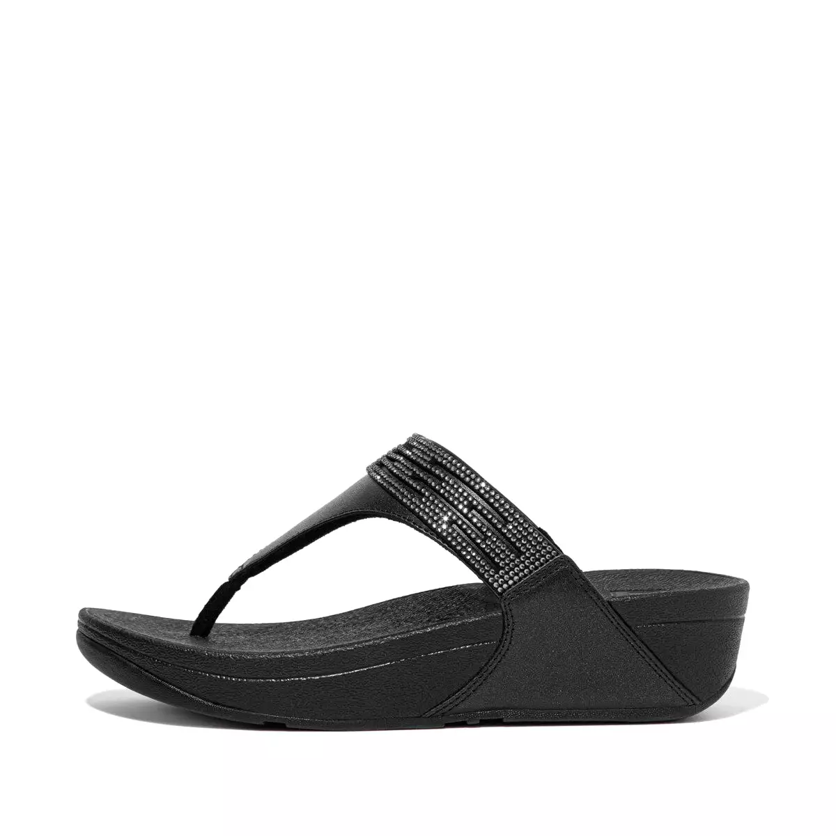 FitFlop Black Leather Toe-Post Sandals with Lasercrystal Detail