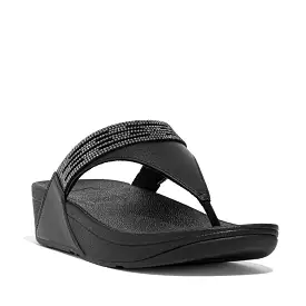 FitFlop Black Leather Toe-Post Sandals with Lasercrystal Detail