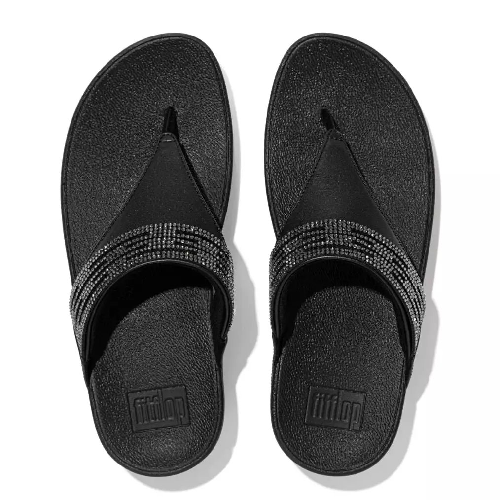 FitFlop Black Leather Toe-Post Sandals with Lasercrystal Detail