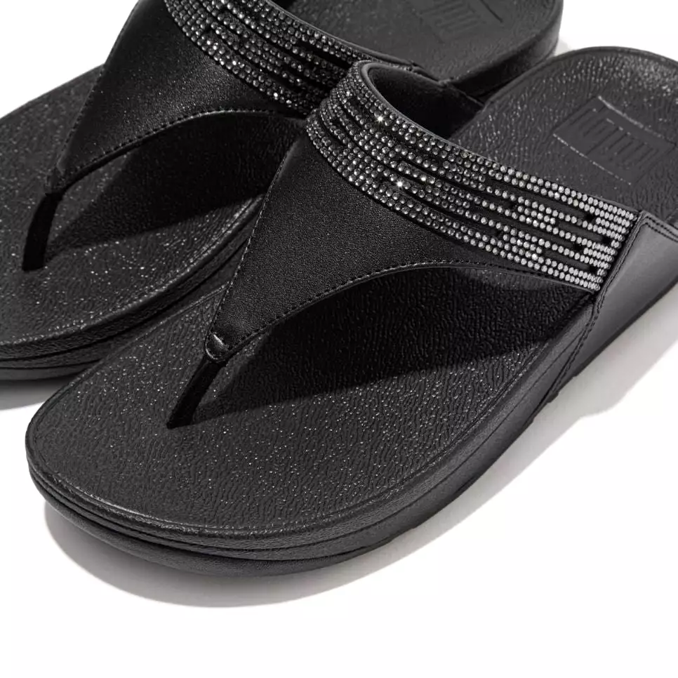 FitFlop Black Leather Toe-Post Sandals with Lasercrystal Detail