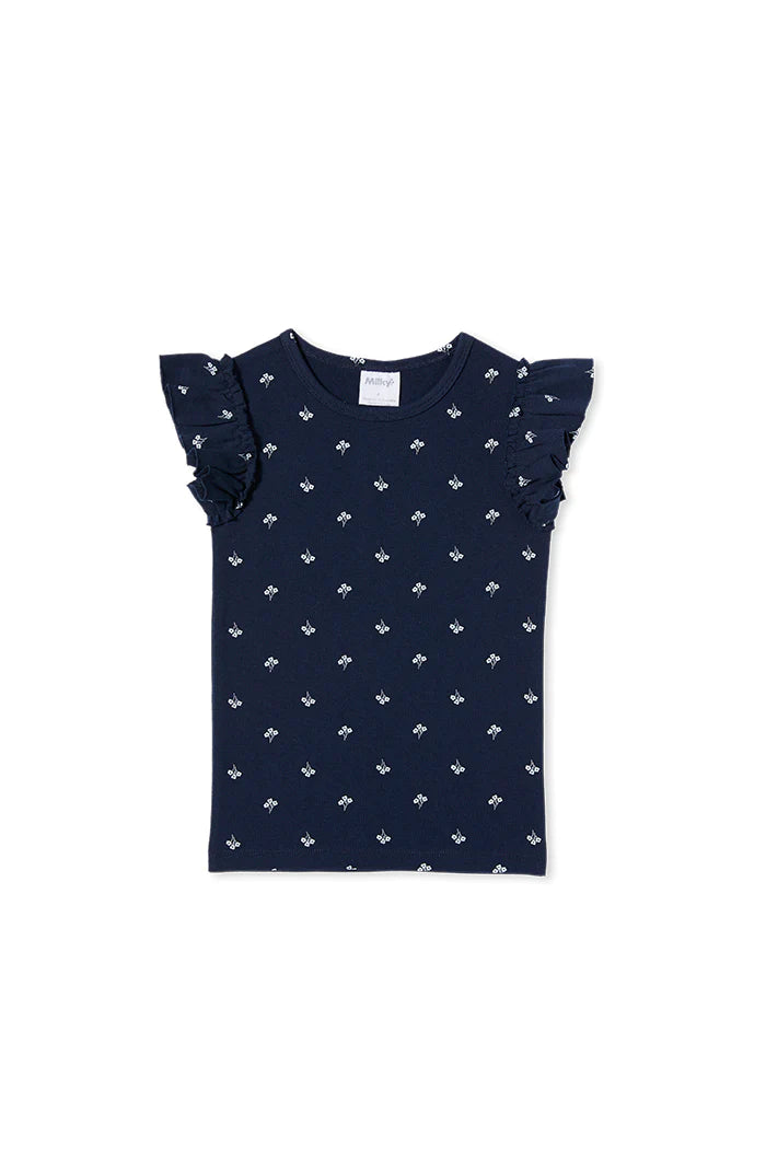 Floral Ribbed Tee in Milky Navy