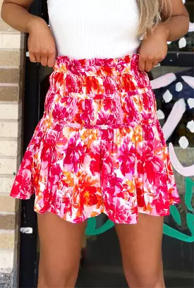 Floral Ruffle Mini Skirt - Orange