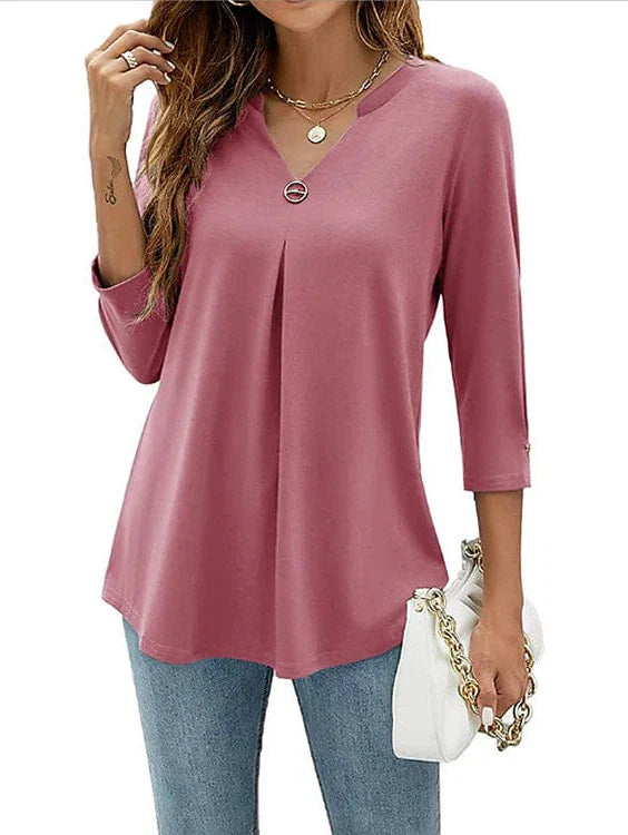 Flowy Black, White, and Pink V Neck Tunic with 3/4 Sleeve