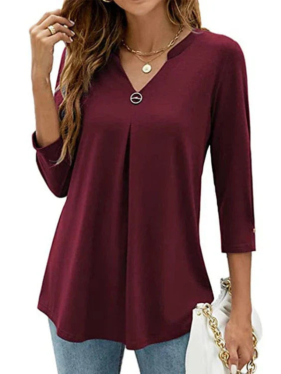 Flowy Black, White, and Pink V Neck Tunic with 3/4 Sleeve