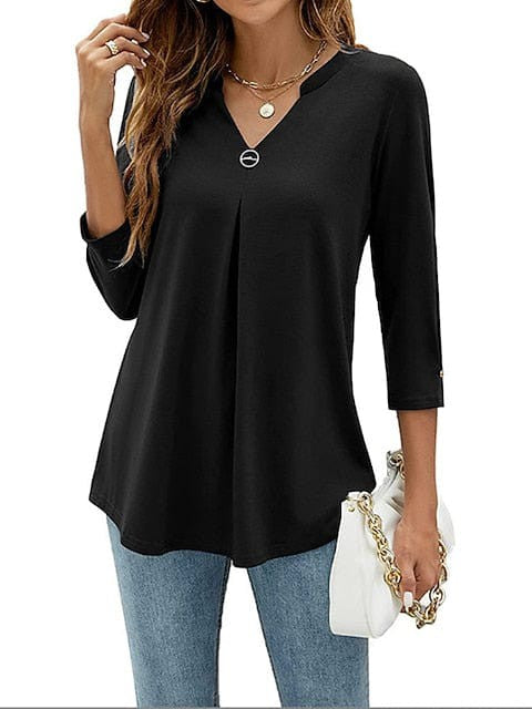 Flowy Black, White, and Pink V Neck Tunic with 3/4 Sleeve