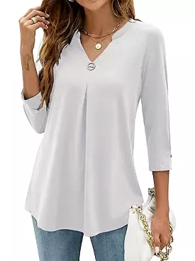 Flowy Black, White, and Pink V Neck Tunic with 3/4 Sleeve