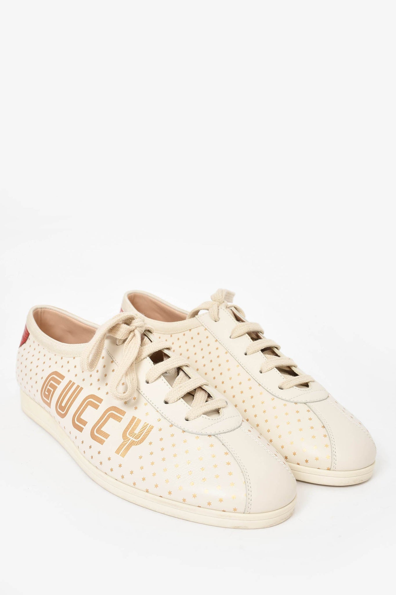 Gucci Cream/Gold Star Leather Guccy Falacer Low Top Sneakers Men's size 42.