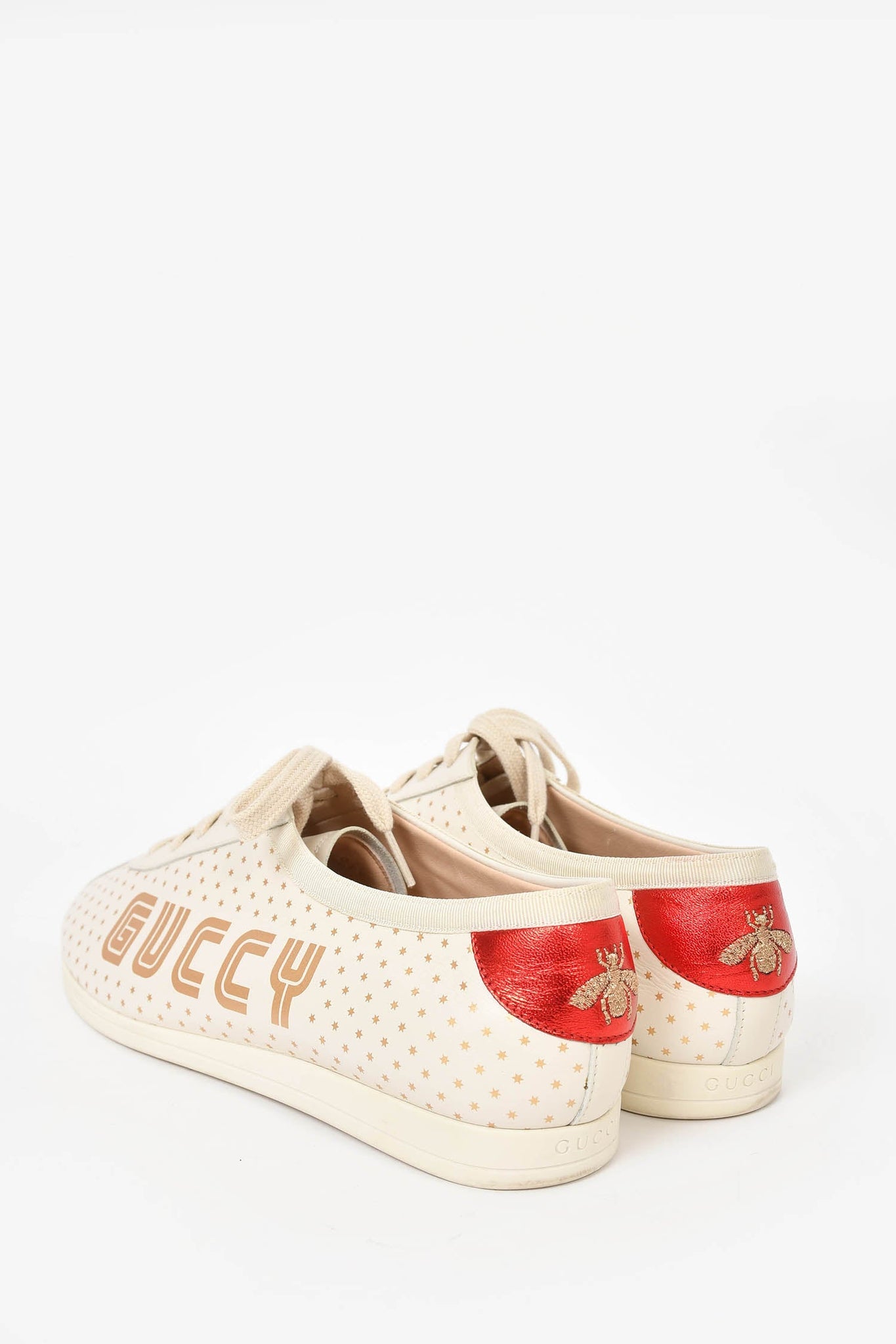 Gucci Cream/Gold Star Leather Guccy Falacer Low Top Sneakers Men's size 42.