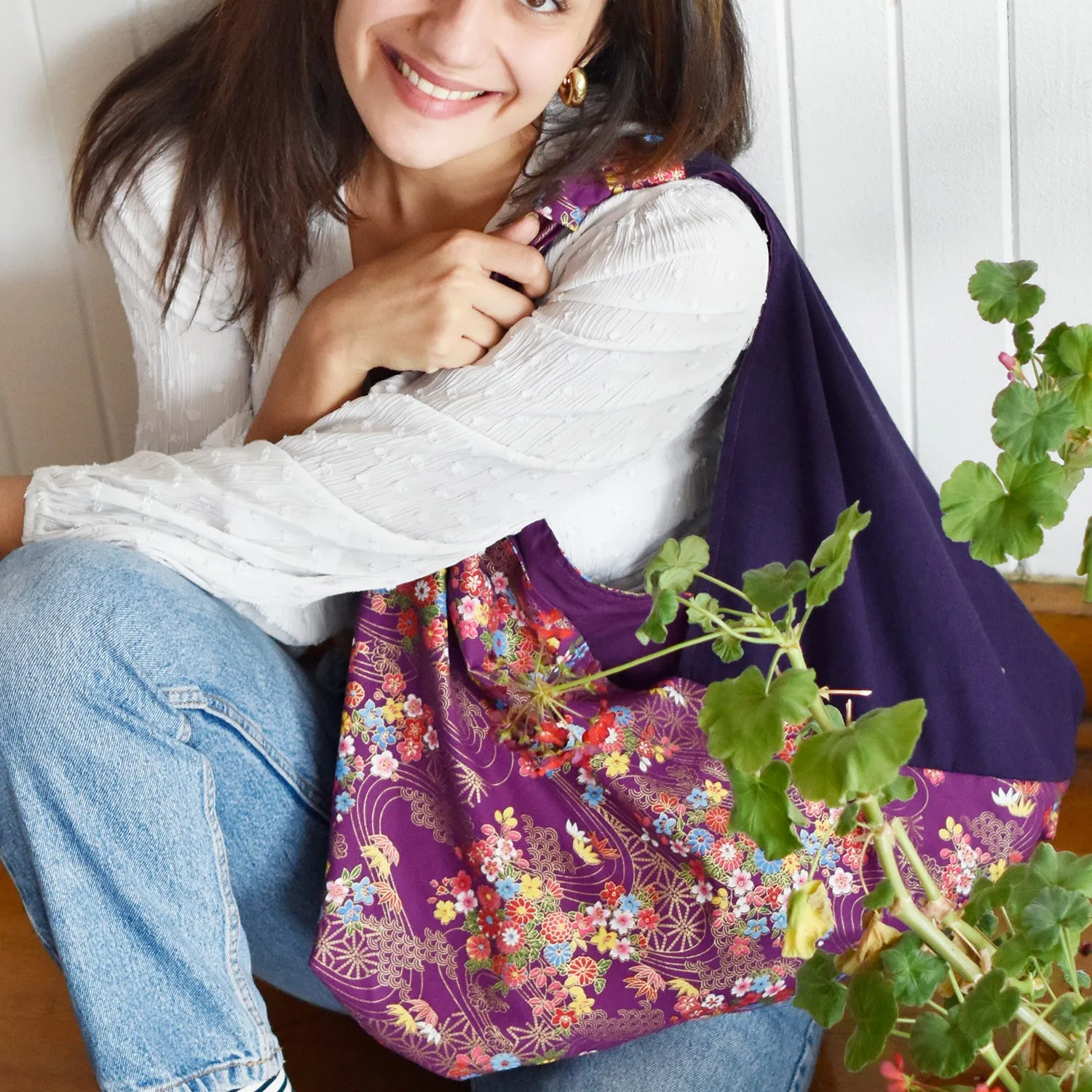 Handmade Origami Bag | Market Bag | Purple Chrysanthemum Design